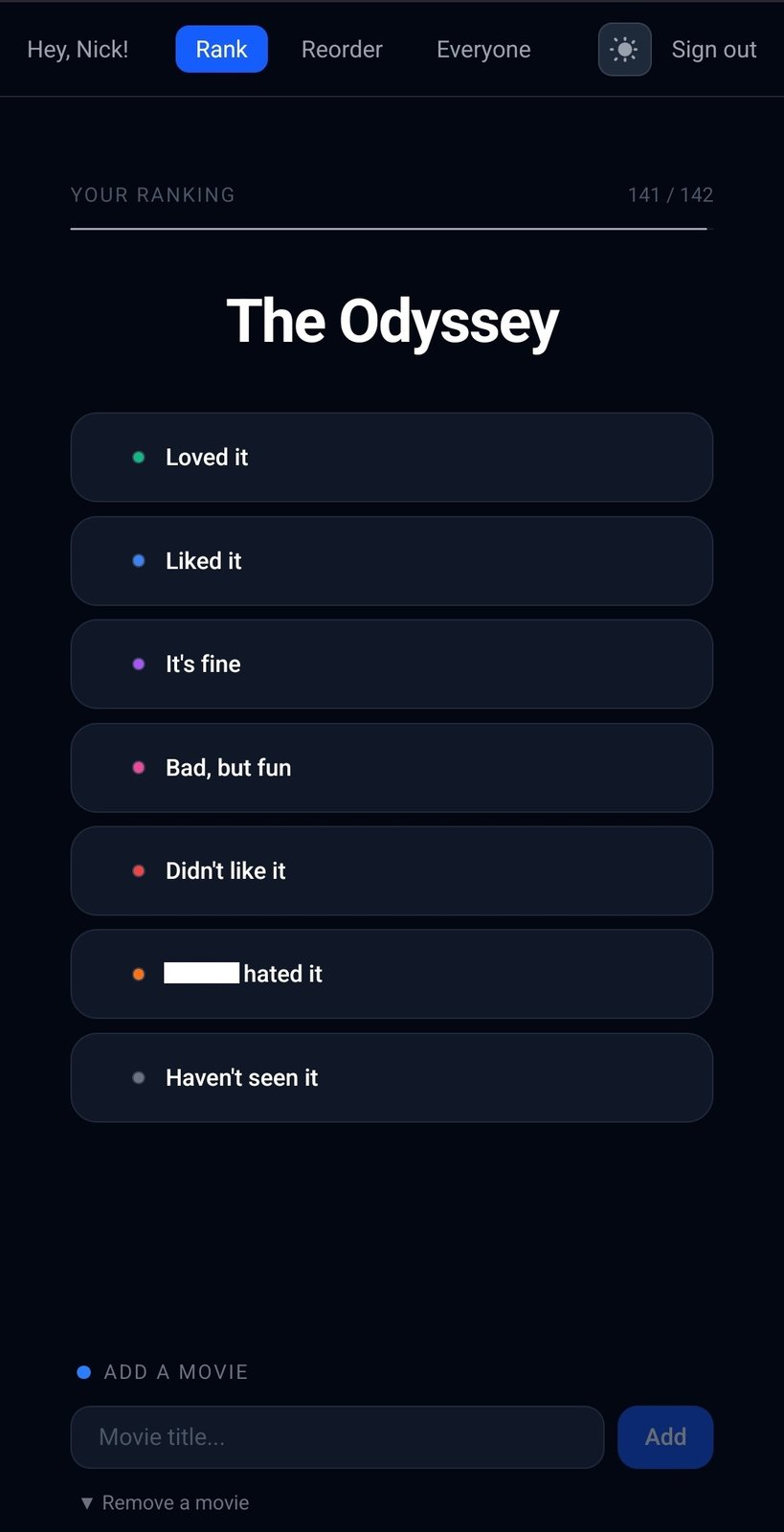 Movie Ranking App — tier ranking view on mobile