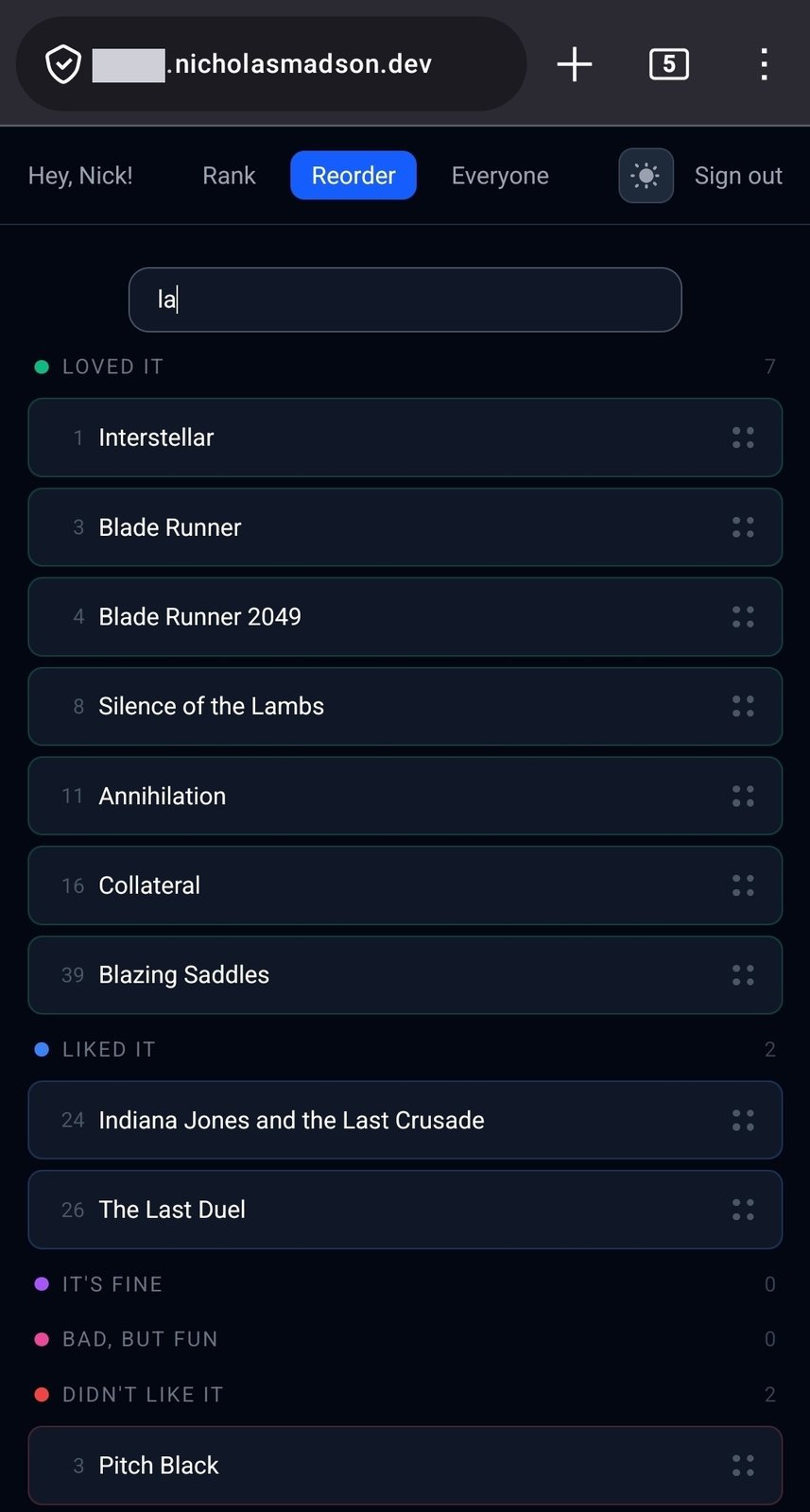 Movie Ranking App — drag-and-drop reordering